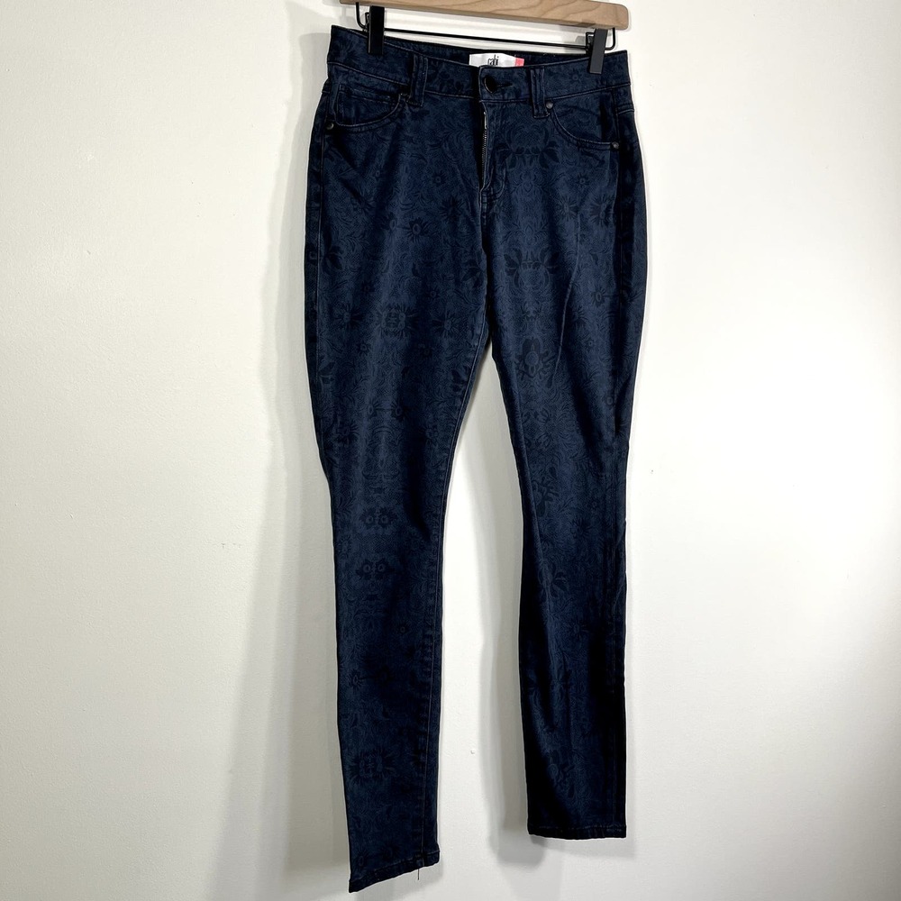 cabi jeans Navy Blue‎ Black Floral Lace Print Curvy Skinny Jeans 6